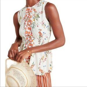Farm Rio for Anthropologie Smocked Sleeveless Blouse in Ivory Size XS NWOT